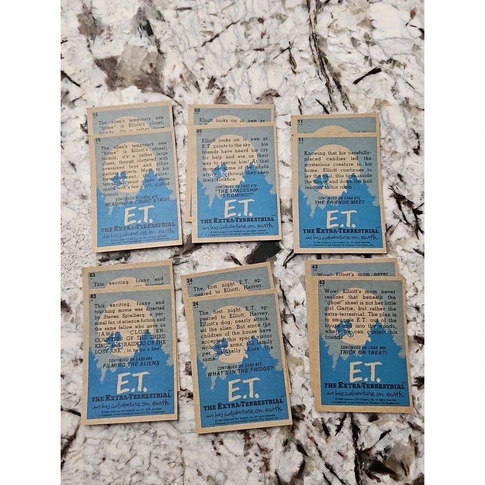 E.T. movie cards (vintage TOPPS, 1982) LOT OF 65 -Drew Barrymore, Spielberg etc.